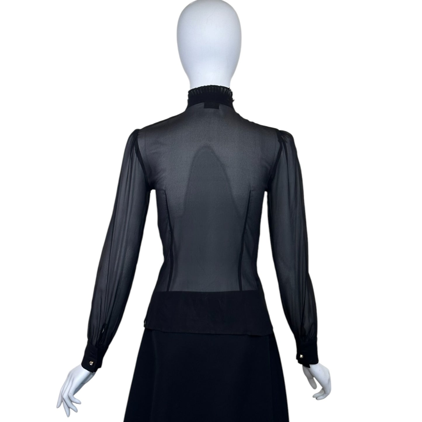 Vintage D&G Dolce & Gabbana Black Sheer Silk Organza Ruffle Crystal Button Blouse XS