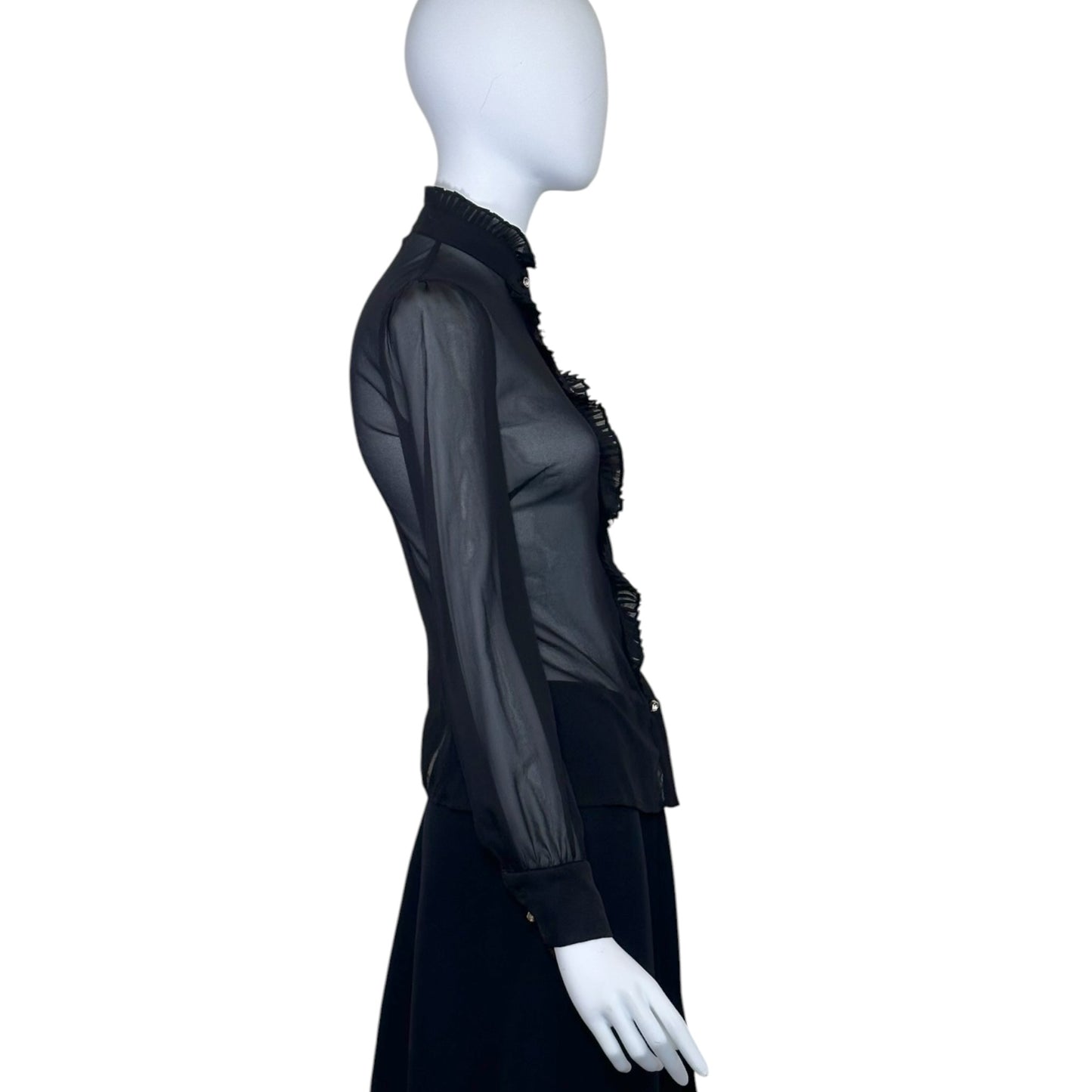 Vintage D&G Dolce & Gabbana Black Sheer Silk Organza Ruffle Crystal Button Blouse XS