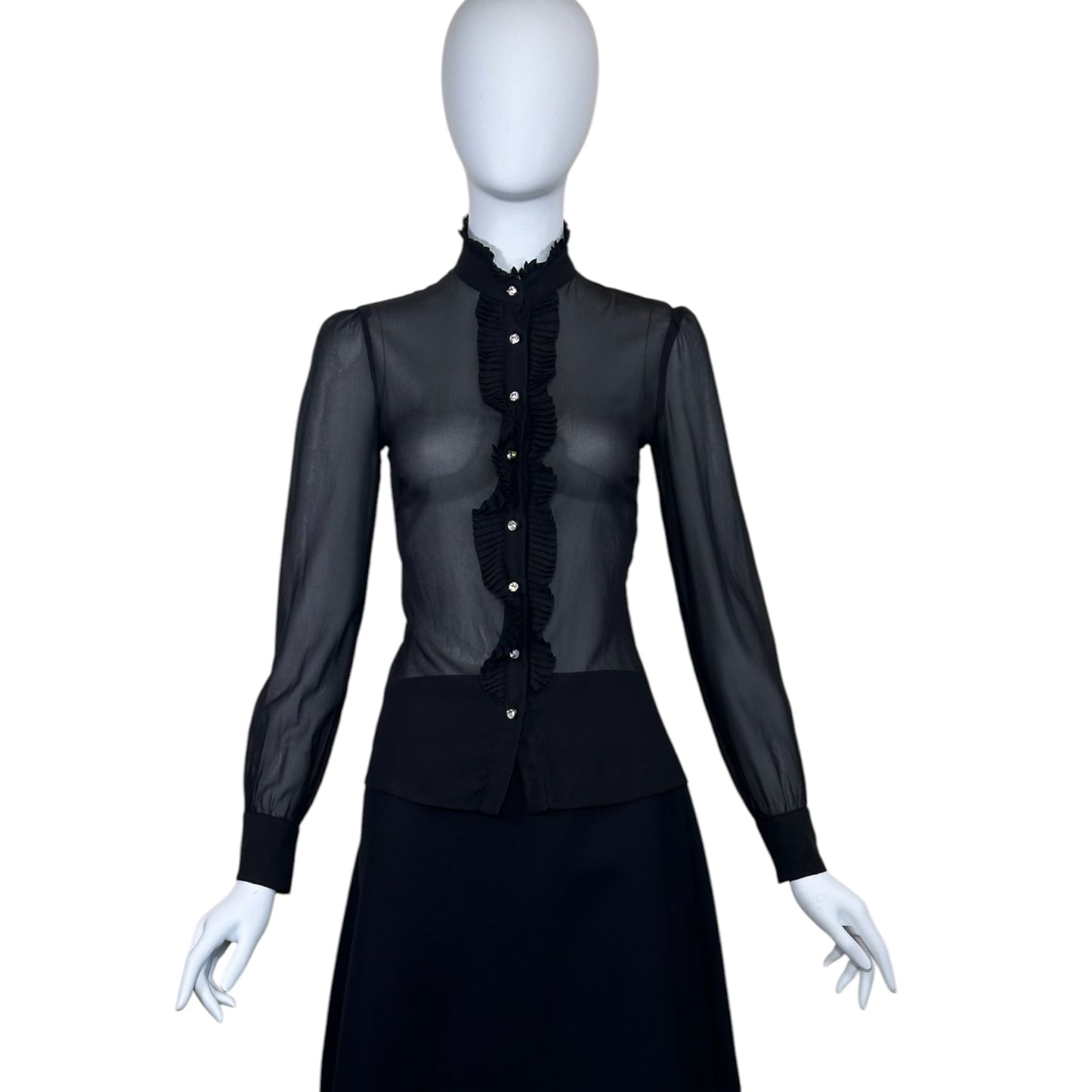 Vintage D&G Dolce & Gabbana Black Sheer Silk Organza Ruffle Crystal Button Blouse XS