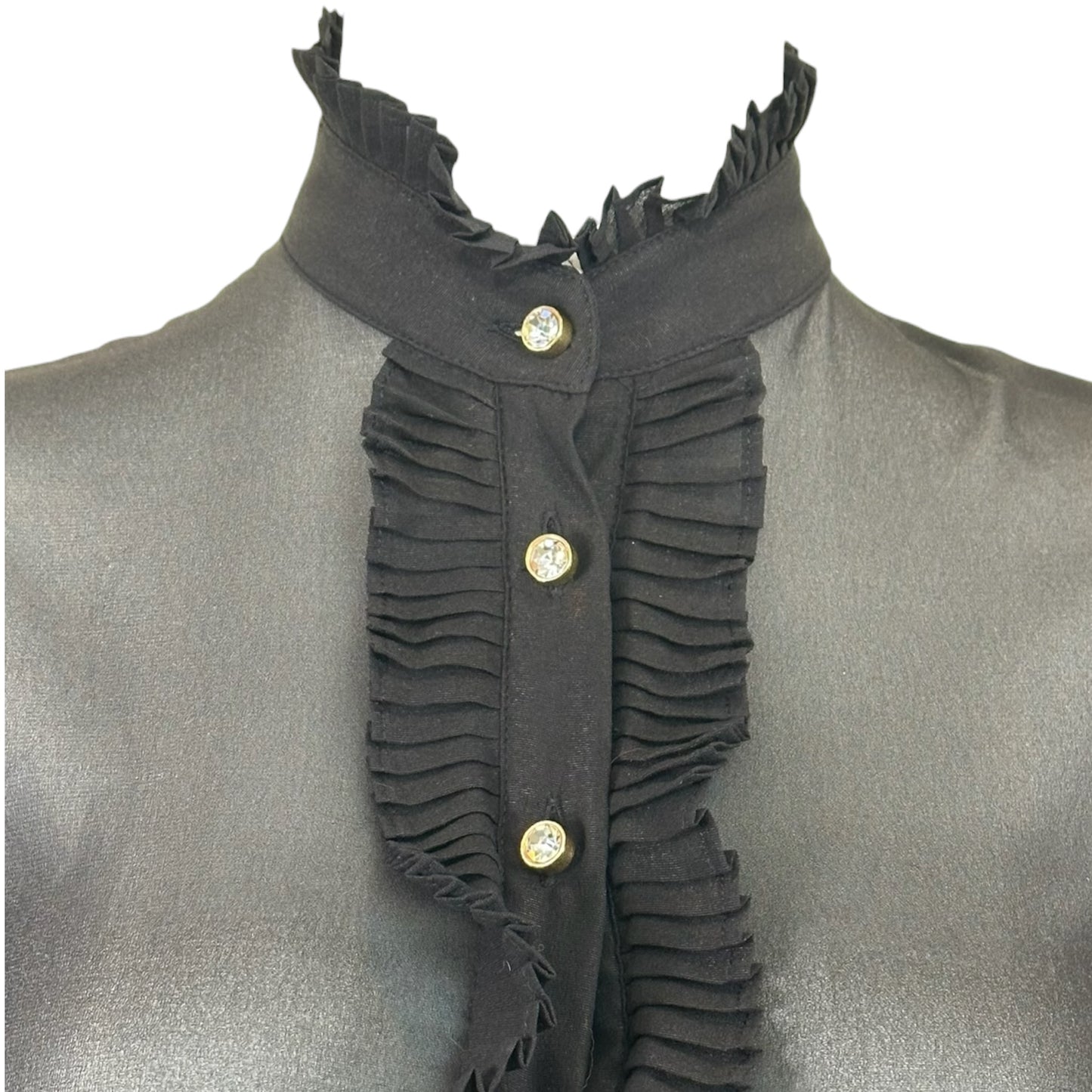 Vintage D&G Dolce & Gabbana Black Sheer Silk Organza Ruffle Crystal Button Blouse XS