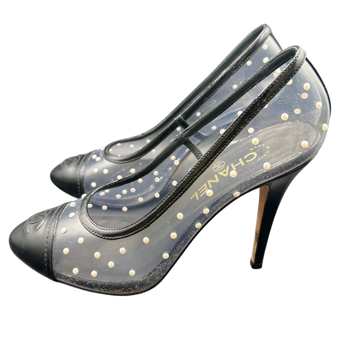 Chanel Transparent PVC & Pearl Embellished Cap Toe Heels, Late 1990s–Early 2000s | Size 39.5