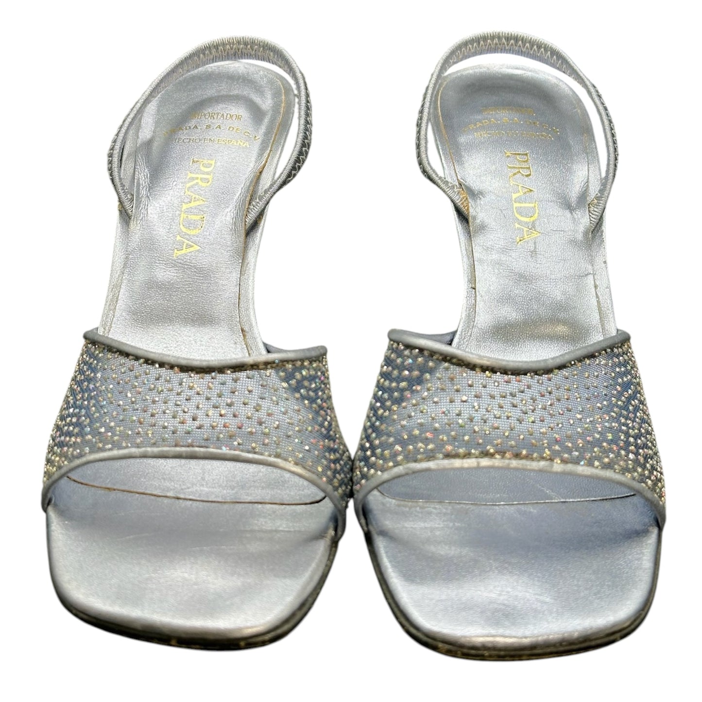 Vintage Prada Silver Crystal Mesh Slingback Heels Size 36
