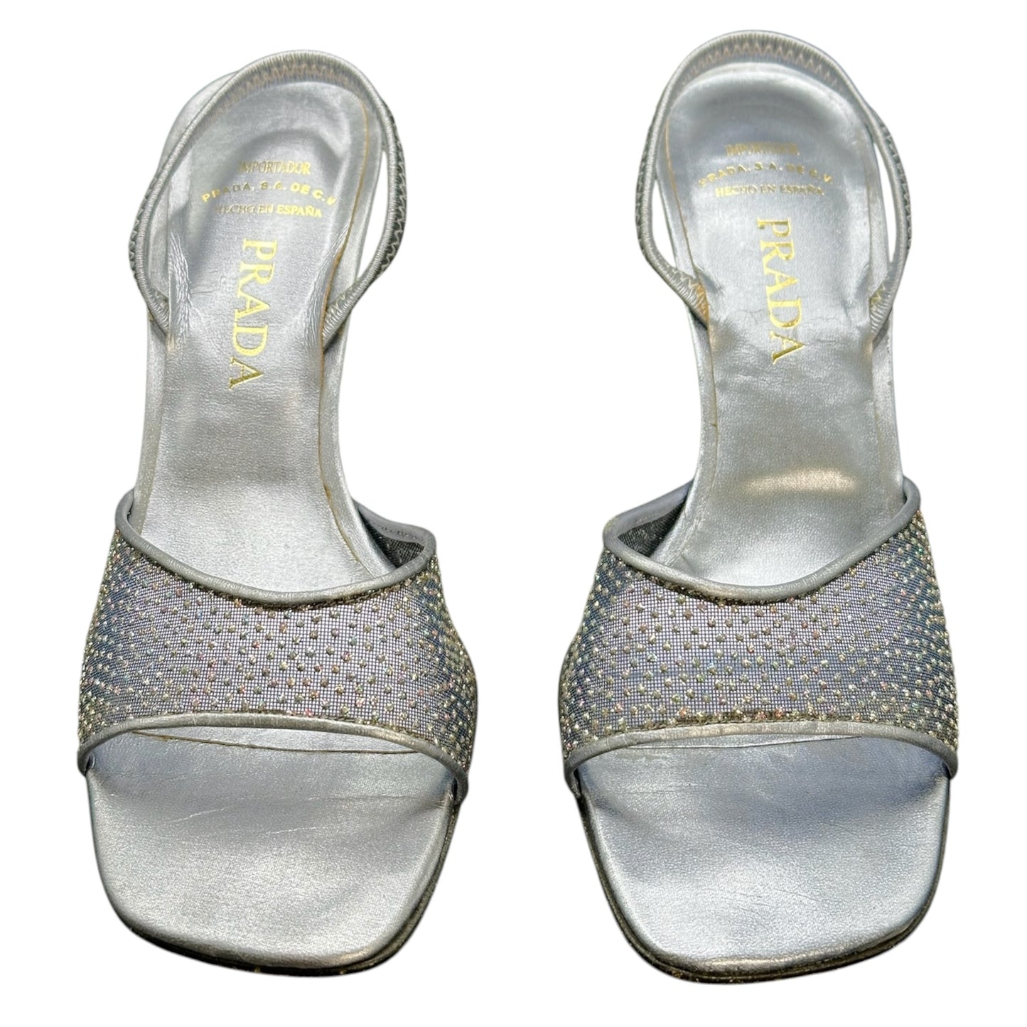 Vintage Prada Silver Crystal Mesh Slingback Heels Size 36