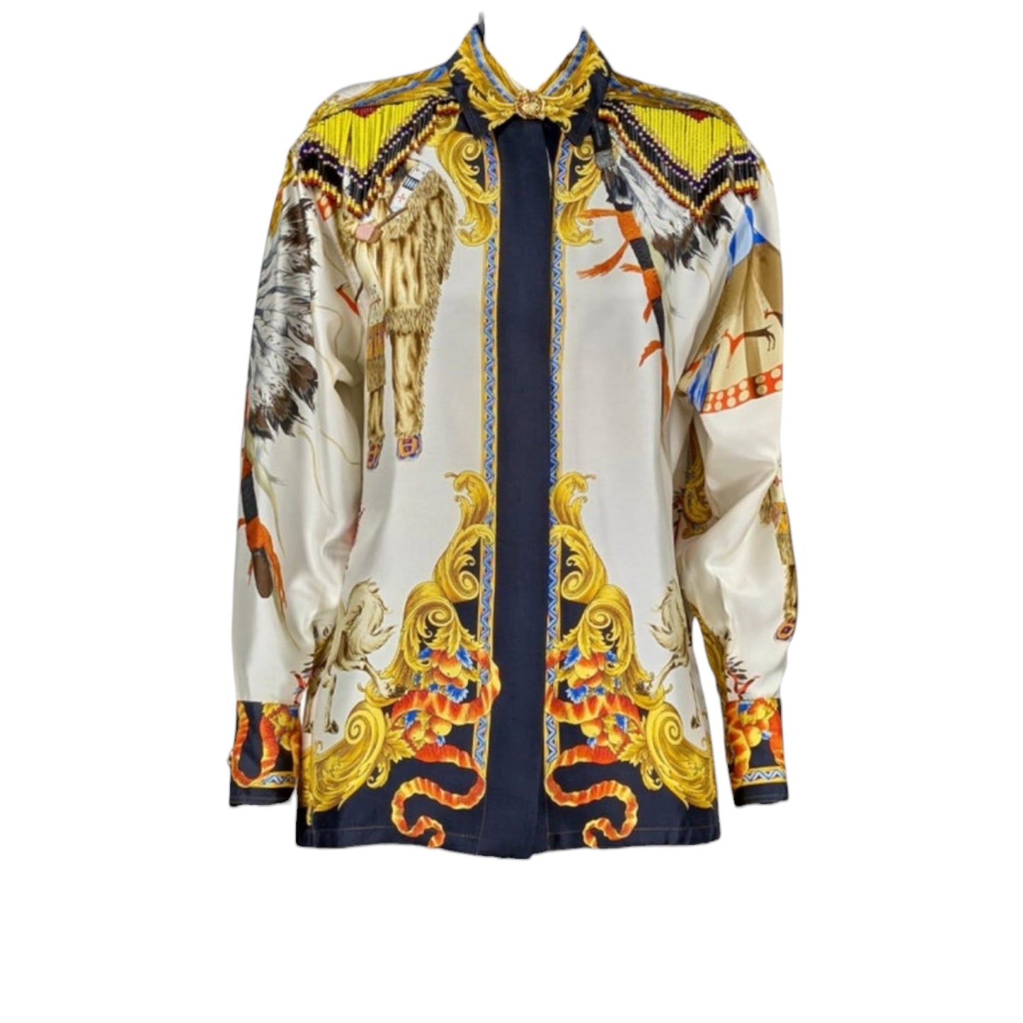 Gianni Versace "Buffalo Bill" Beaded Fringe Silk Blouse, 1990s