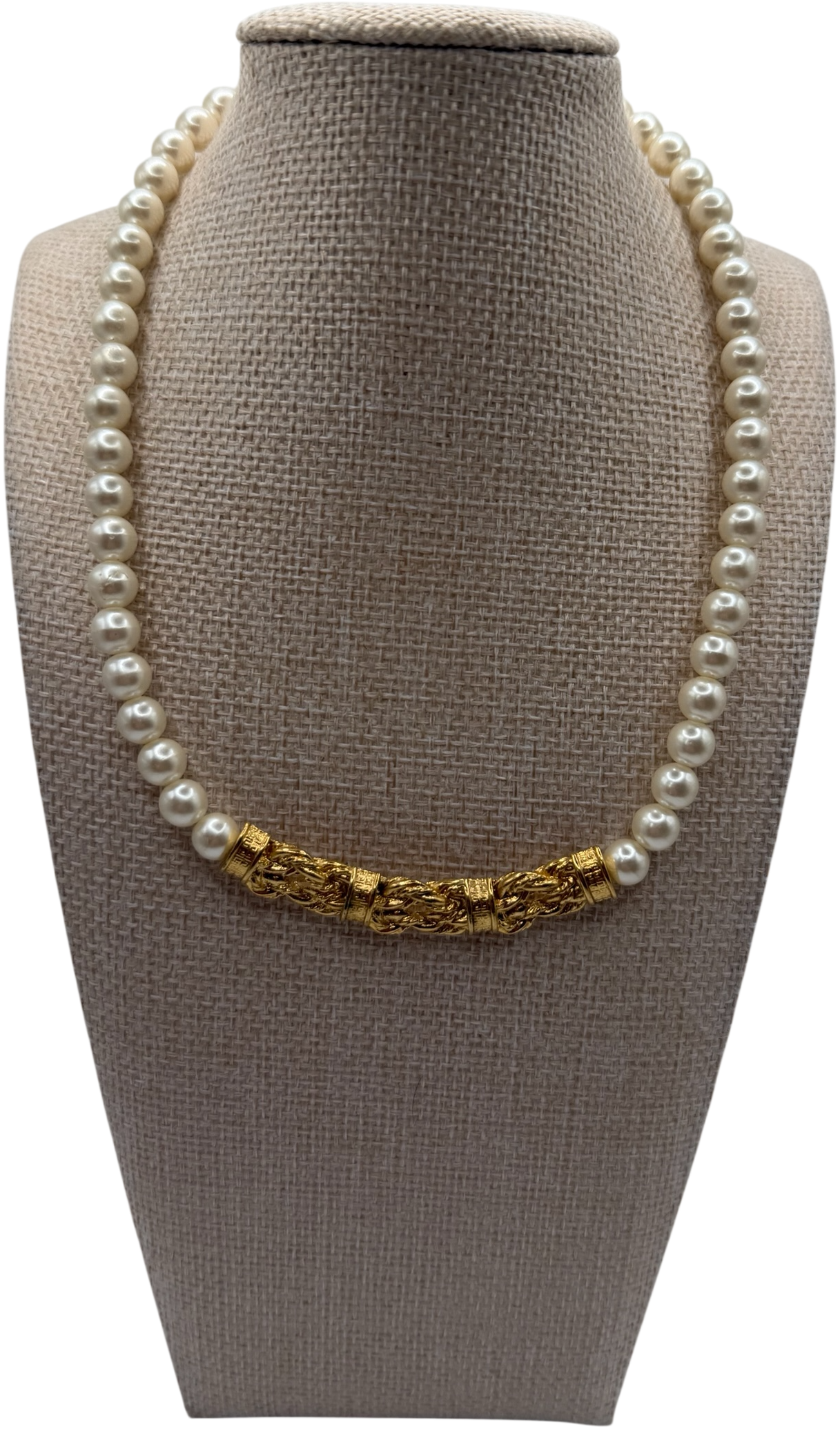 Vintage Givenchy 1980s Faux Pearl Strand Necklace with Signature Textured Gold Center Bar