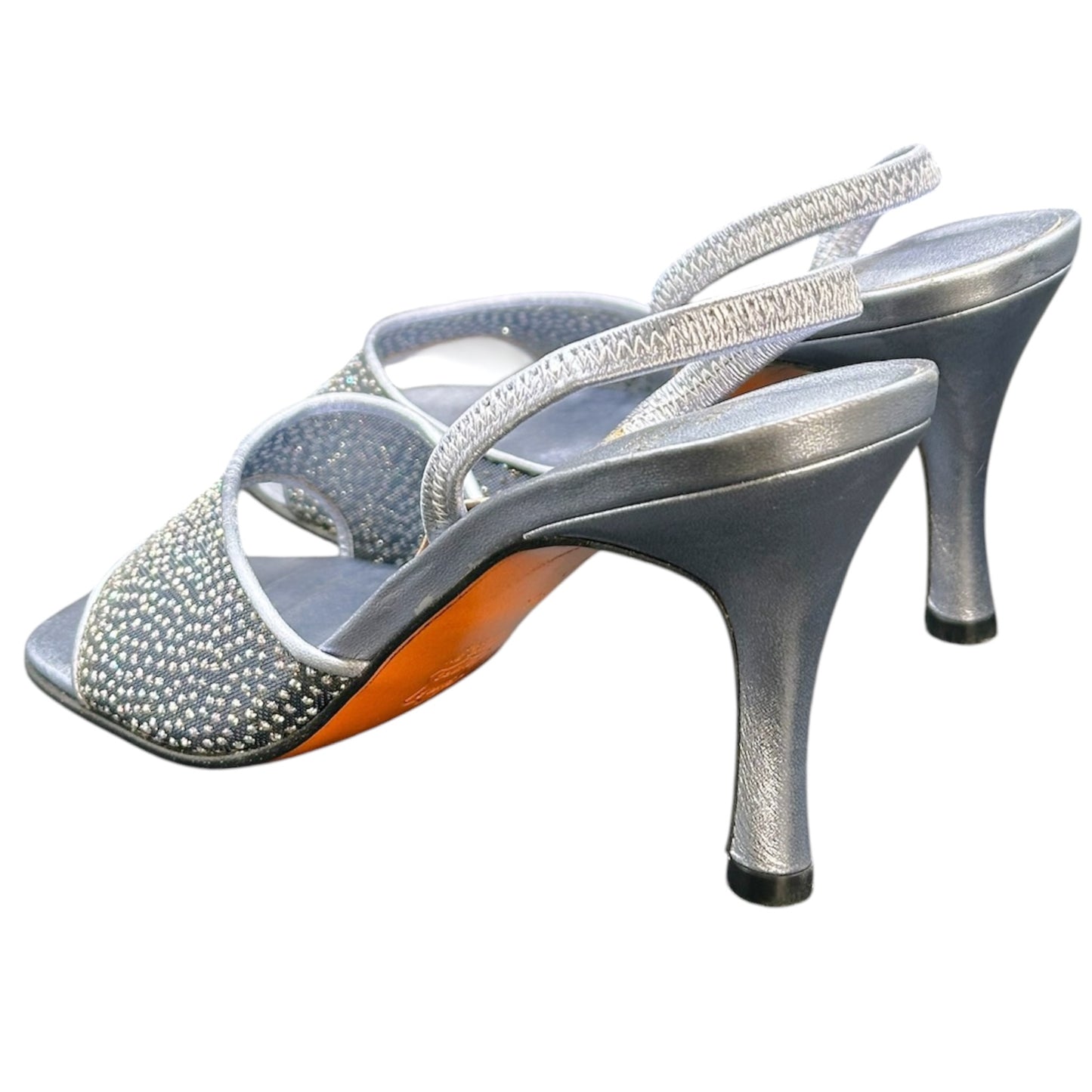 Vintage Prada Silver Crystal Mesh Slingback Heels Size 36