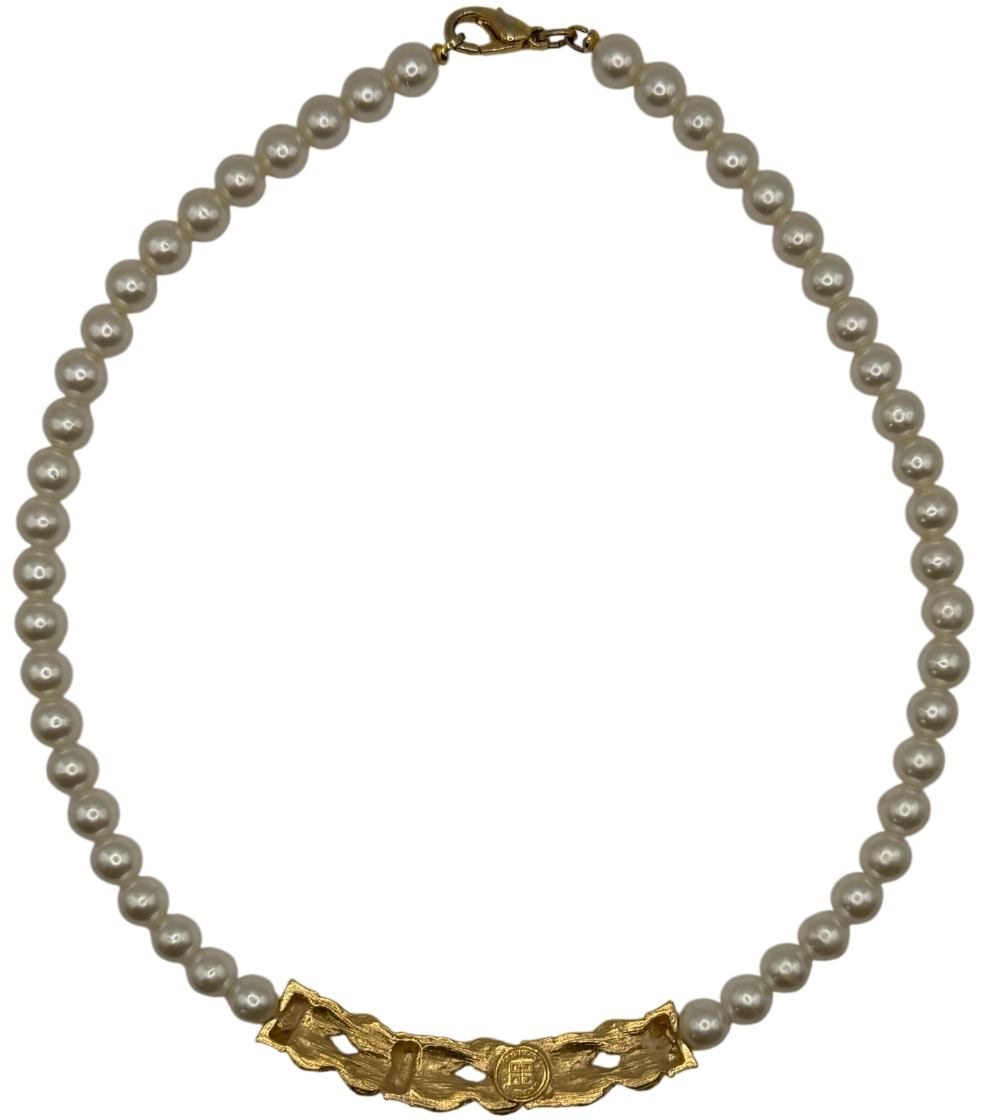 Vintage Givenchy 1980s Faux Pearl Strand Necklace with Signature Textured Gold Center Bar