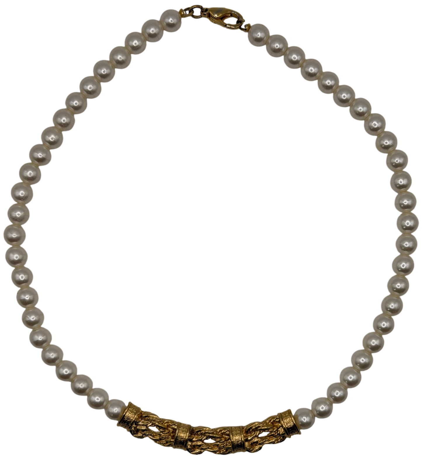 Vintage Givenchy 1980s Faux Pearl Strand Necklace with Signature Textured Gold Center Bar