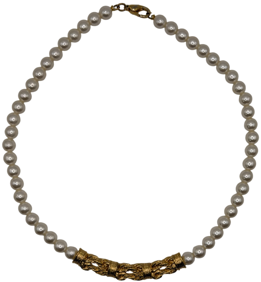 Vintage Givenchy 1980s Faux Pearl Strand Necklace with Signature Textured Gold Center Bar