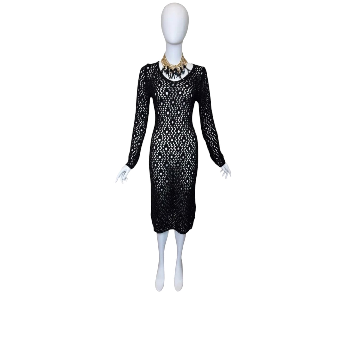 Dolce & Gabbana Y2K Black Hand-Crocheted Sheer Knit Bodycon Midi Dress, Long Sleeve (IT 42)