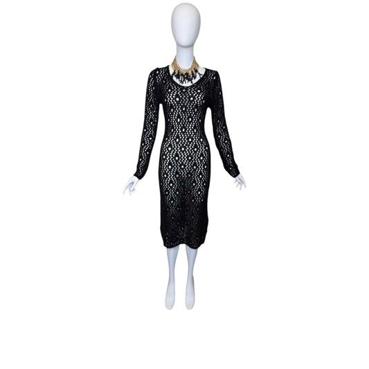 Dolce & Gabbana Y2K Black Hand-Crocheted Sheer Knit Bodycon Midi Dress, Long Sleeve (IT 42)