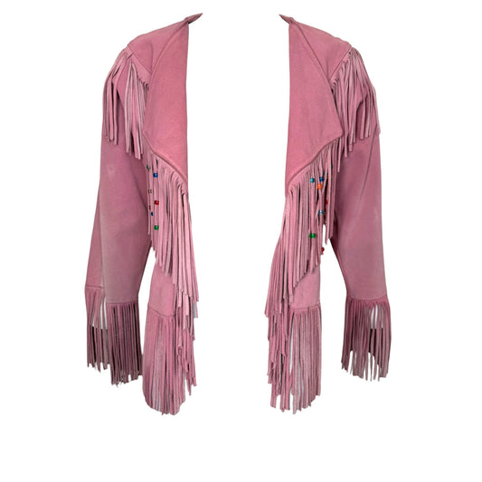 J&A Leathers Vintage 1970s Pink Suede Beaded Fringe Jacket - front view open