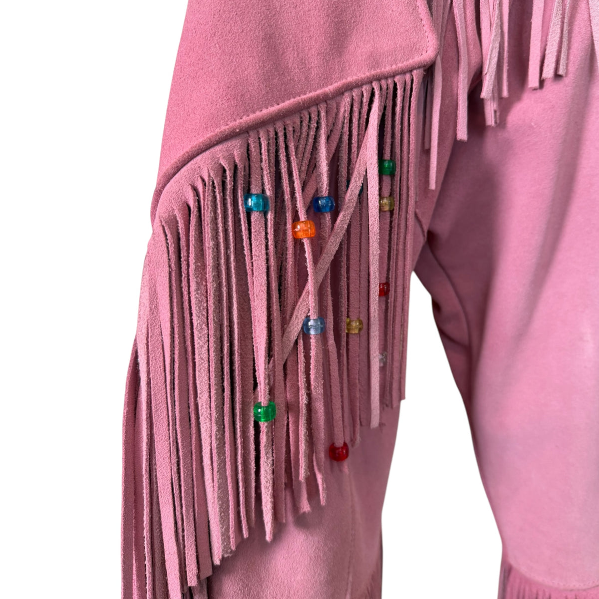 J&A Leathers Vintage 1970s Pink Suede Beaded Fringe Jacket - close-up of beaded fringe detail
