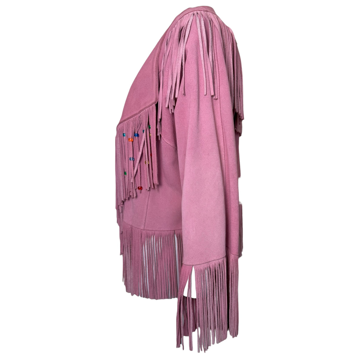 J&A Leathers Vintage 1970s Pink Suede Beaded Fringe Jacket - side view with beaded fringe