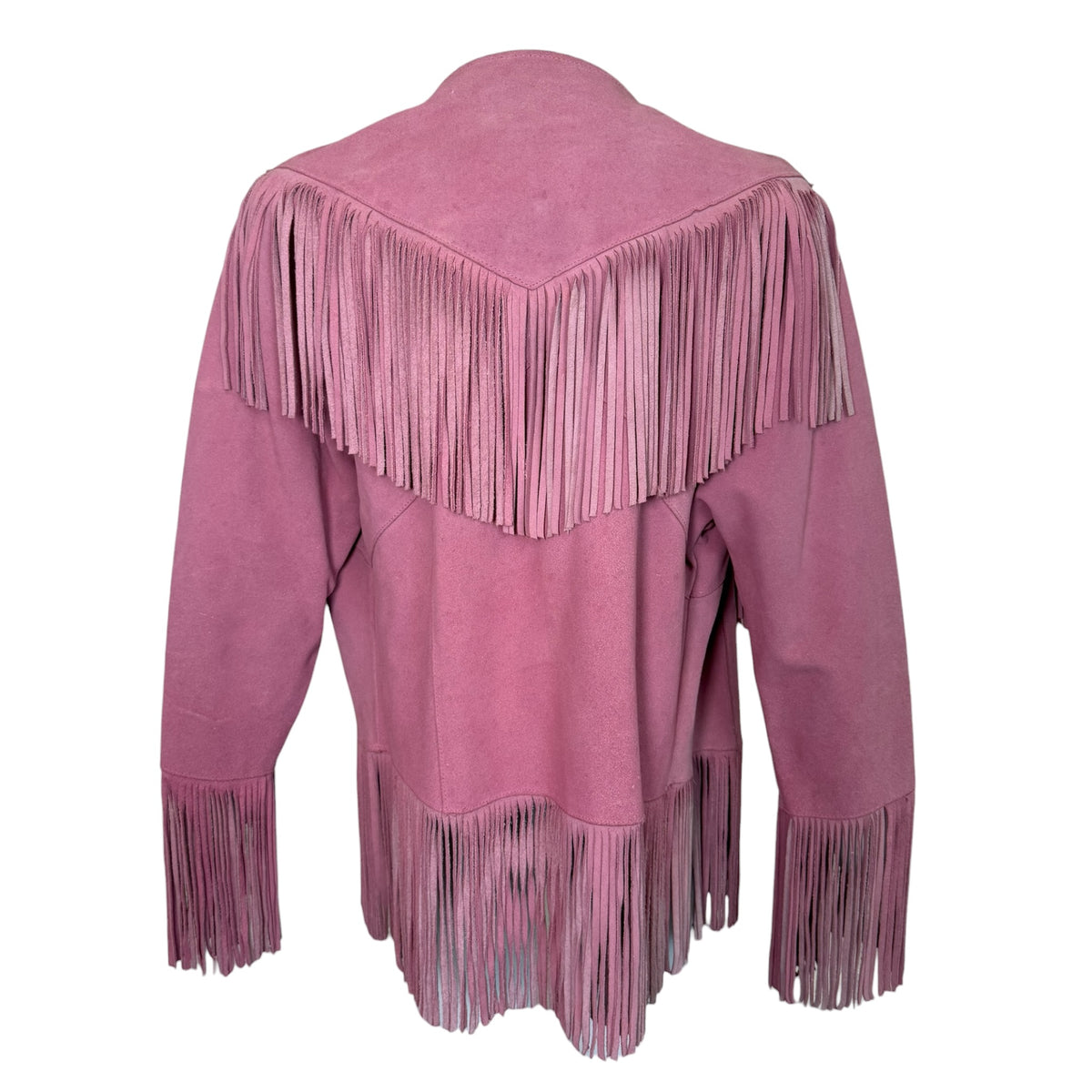 J&A Leathers Vintage 1970s Pink Suede Beaded Fringe Jacket - back view with fringe yoke