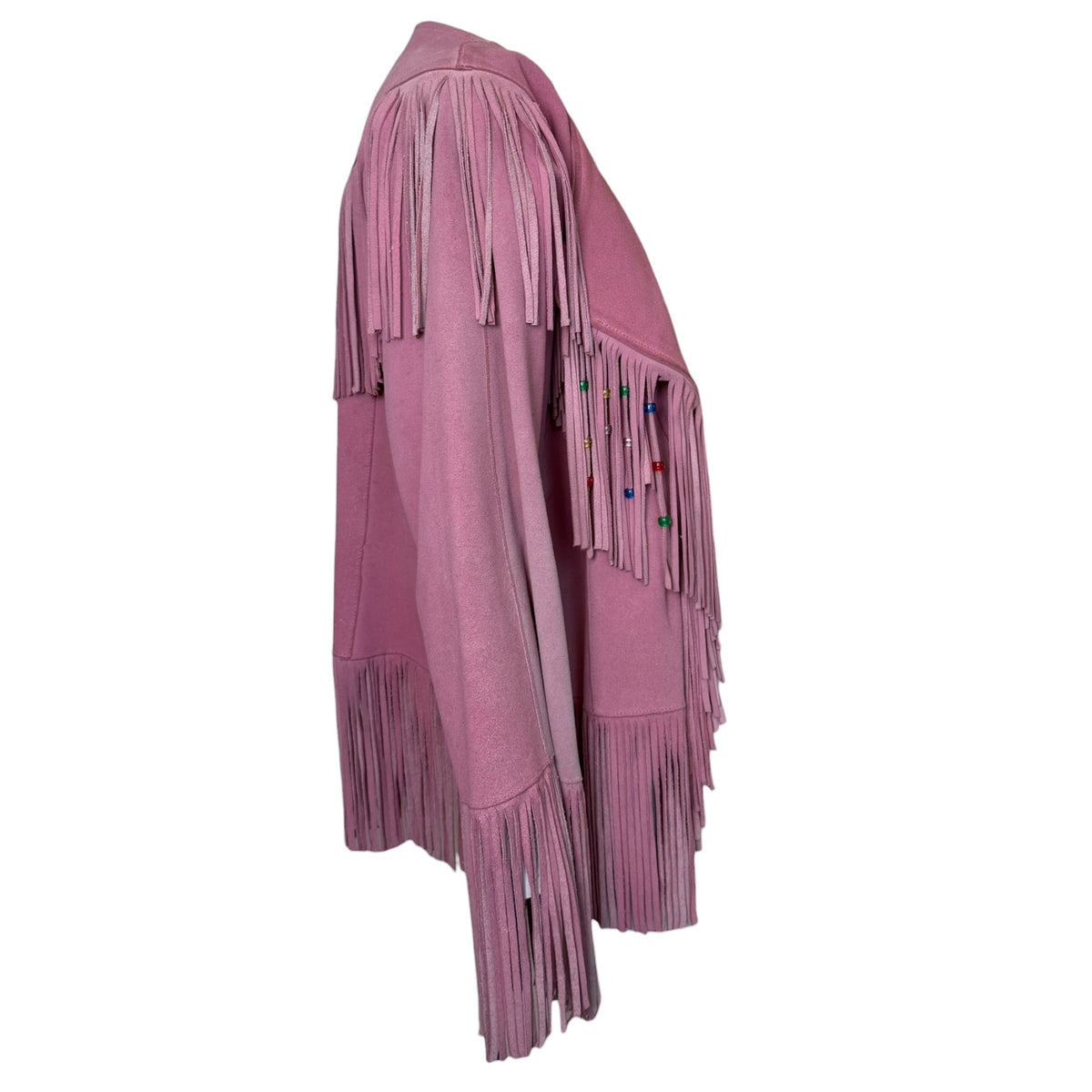 J&A Leathers Vintage 1970s Pink Suede Beaded Fringe Jacket - side view