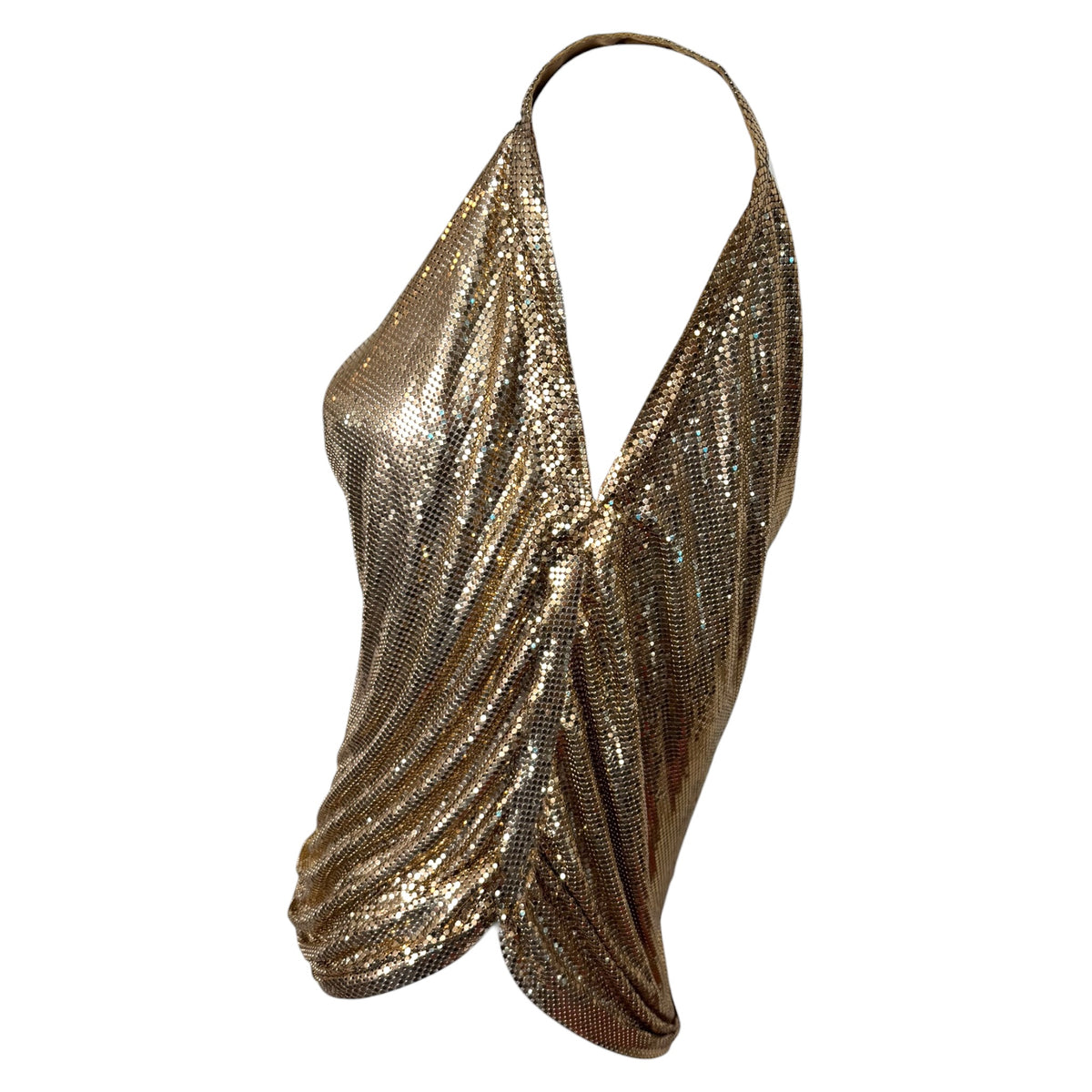 1970s Whiting & Davis Gold Mesh Draped Cowl Neck Sleeveless Top Small