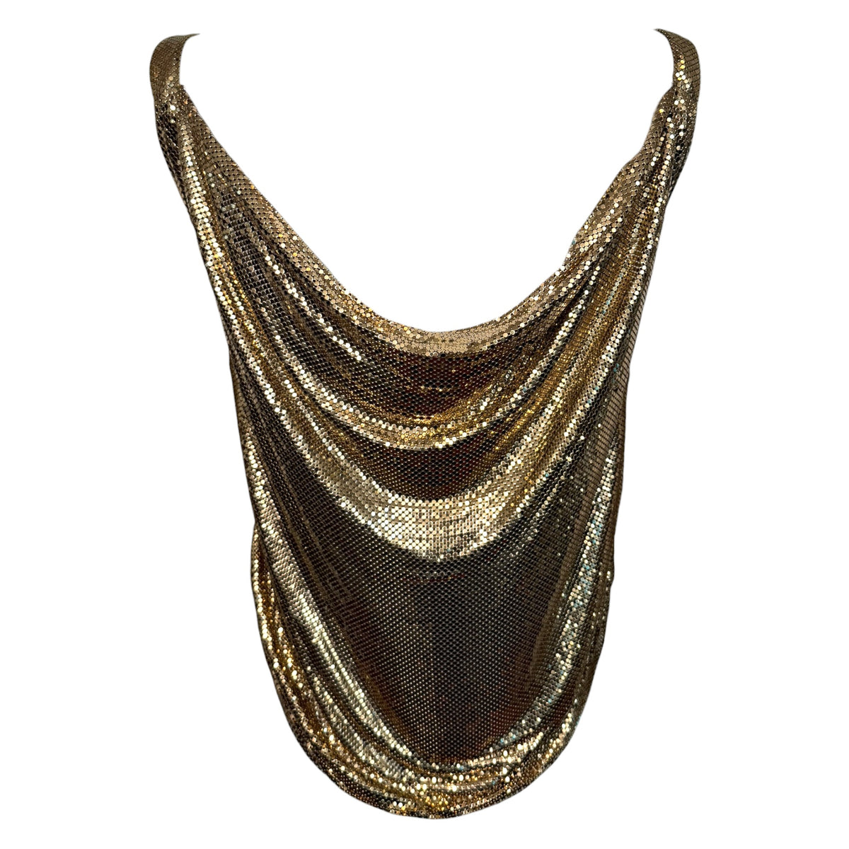 1970s Whiting & Davis Gold Mesh Draped Cowl Neck Sleeveless Top Small