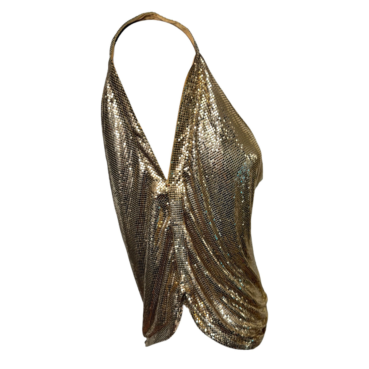 1970s Whiting & Davis Gold Mesh Draped Cowl Neck Sleeveless Top Small