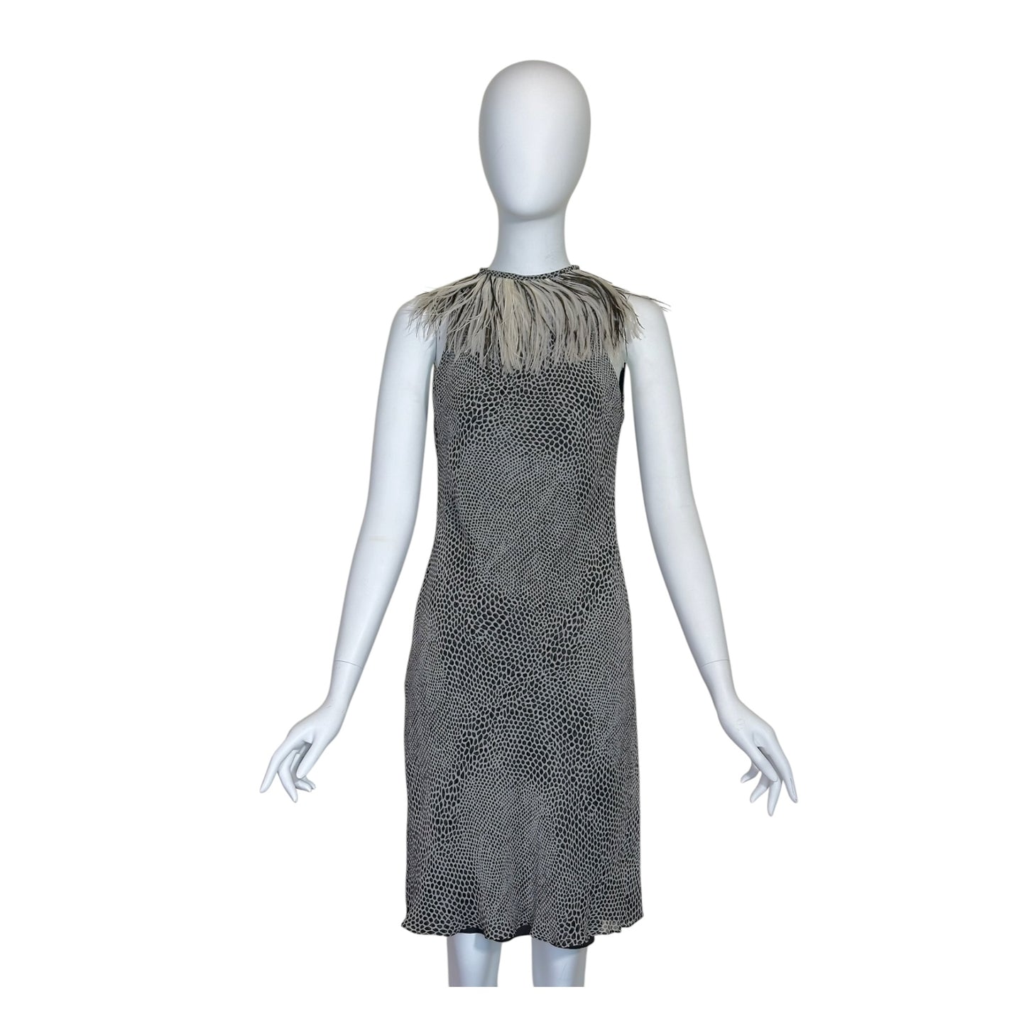 Vintage Cose Belle Couture Shannon McLean Ostrich Feather Trim Silk Pebble Print Dress Size 42