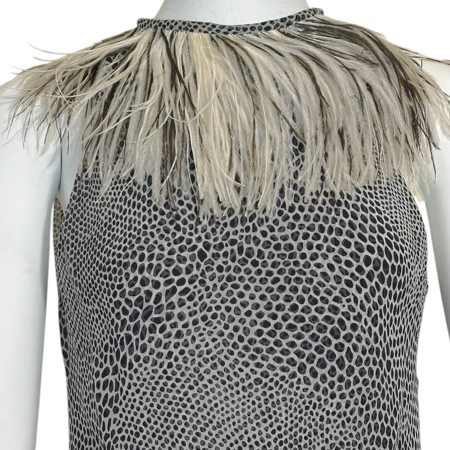 Vintage Cose Belle Couture Shannon McLean Ostrich Feather Trim Silk Pebble Print Dress Size 42