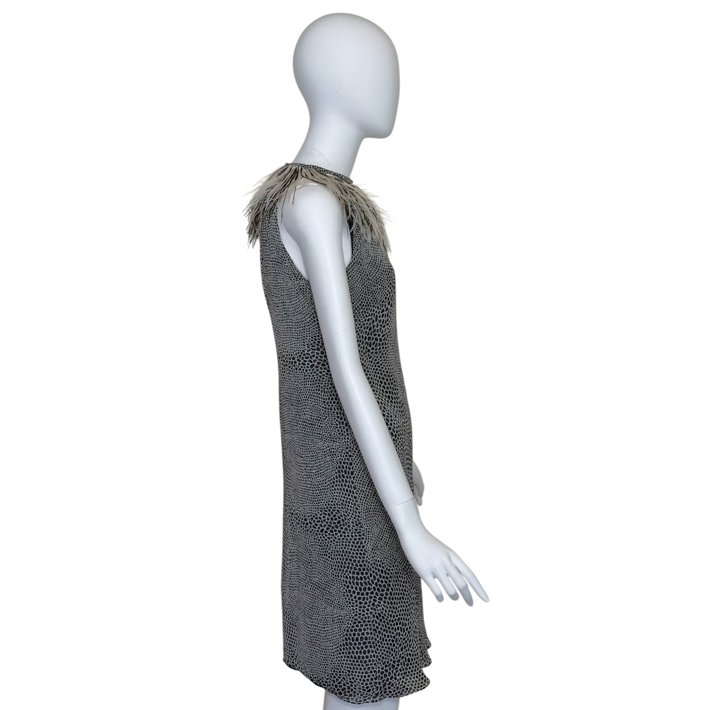 Vintage Cose Belle Couture Shannon McLean Ostrich Feather Trim Silk Pebble Print Dress Size 42