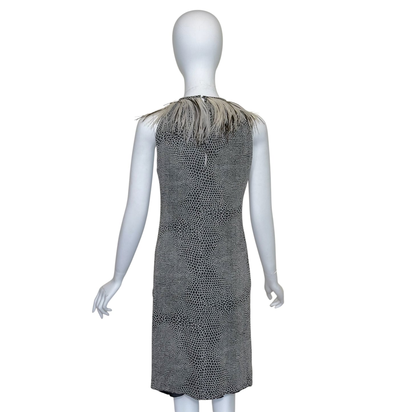 Vintage Cose Belle Couture Shannon McLean Ostrich Feather Trim Silk Pebble Print Dress Size 42