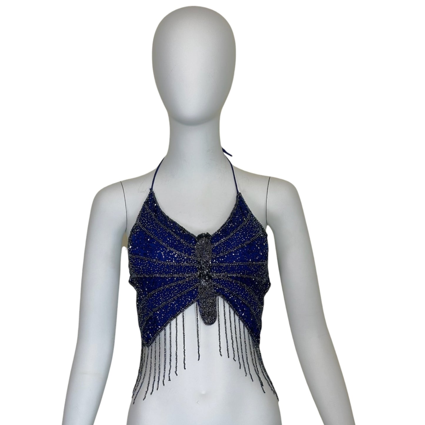Vintage Blue Beaded Butterfly Halter Crop Top with Fringe