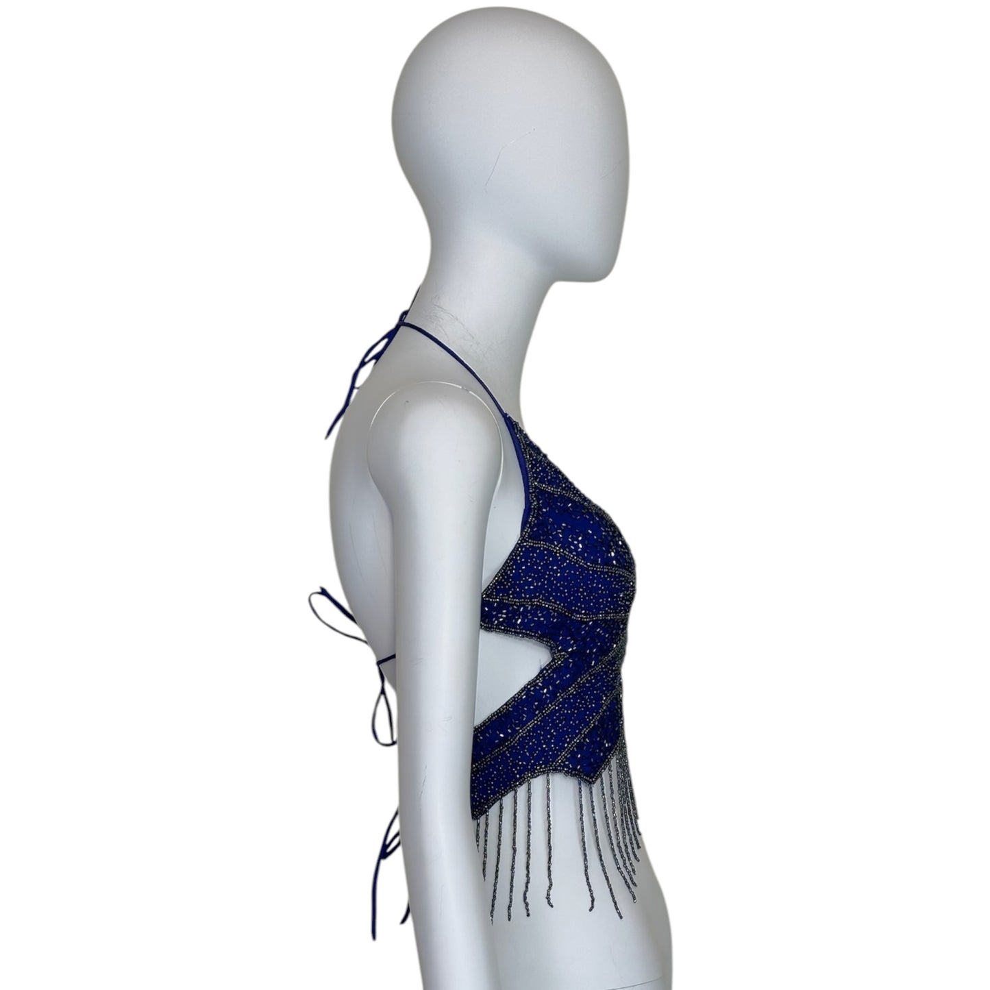 Vintage Blue Beaded Butterfly Halter Crop Top with Fringe