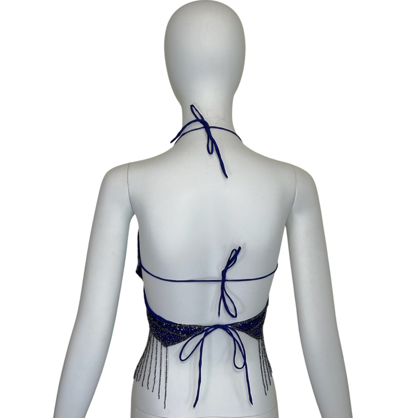 Vintage Blue Beaded Butterfly Halter Crop Top with Fringe