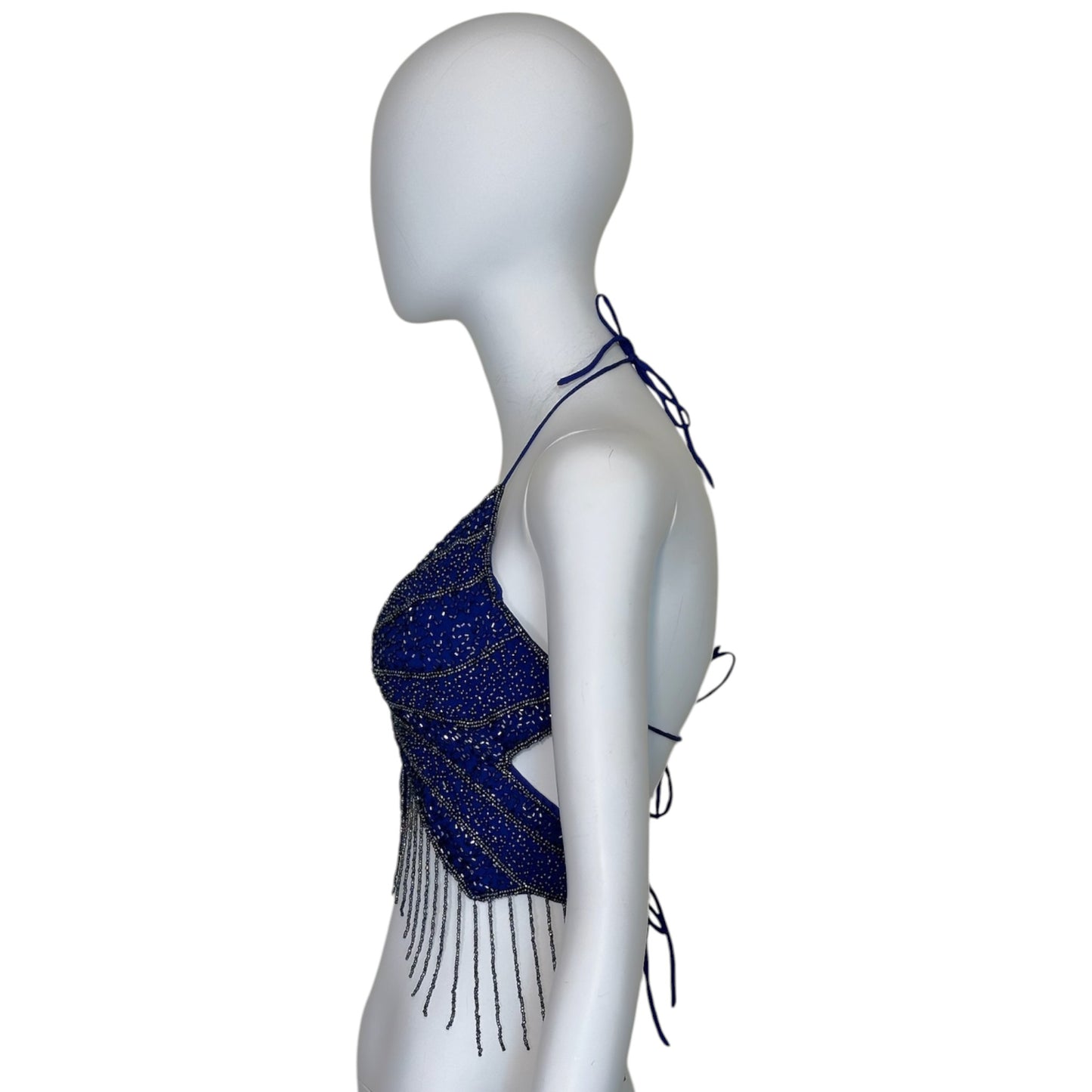 Vintage Blue Beaded Butterfly Halter Crop Top with Fringe
