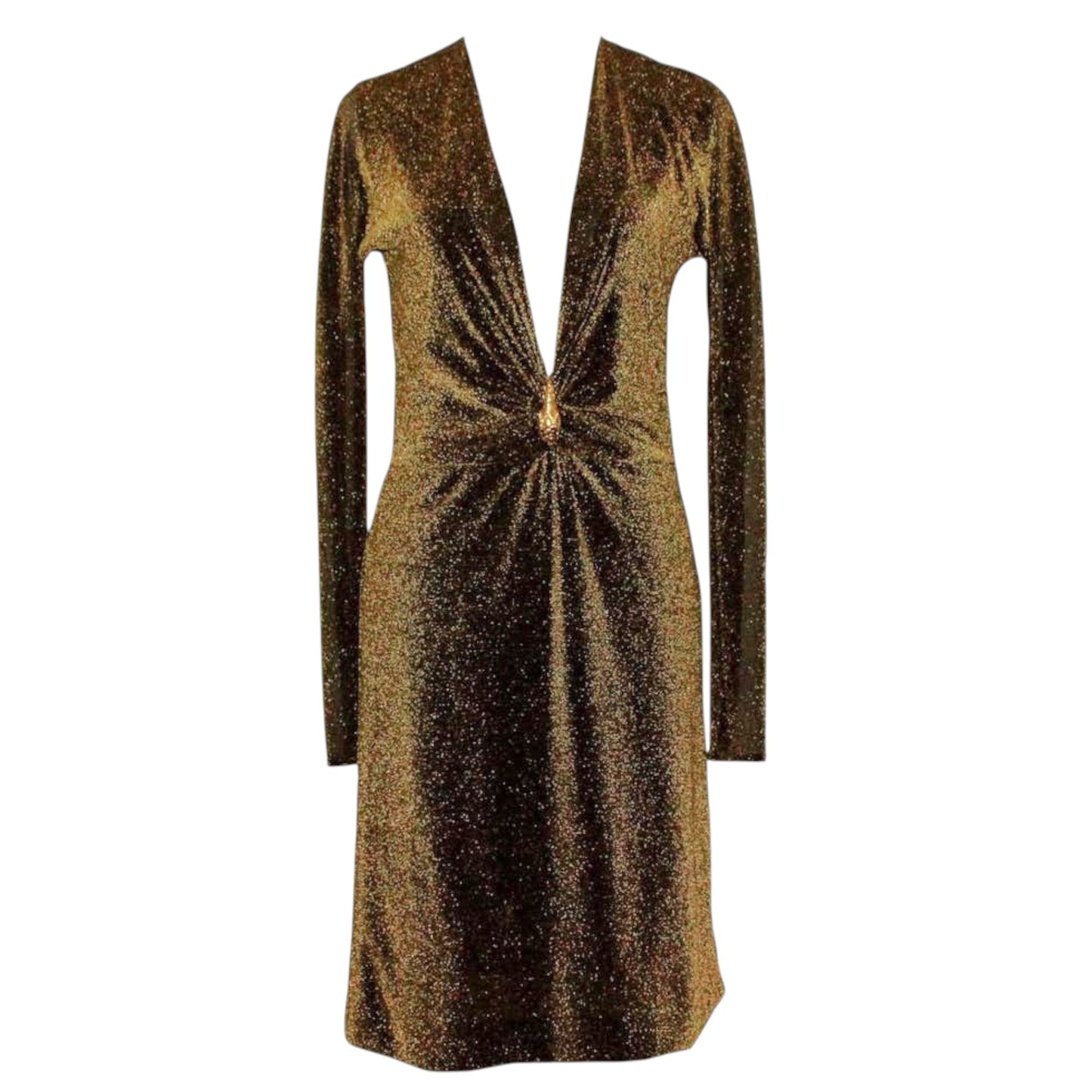 Gucci by Tom Ford F/W 2000 Runway Gold Lurex Plunging Dress w/ Signature Dionysus Tiger Brooch Size 38
