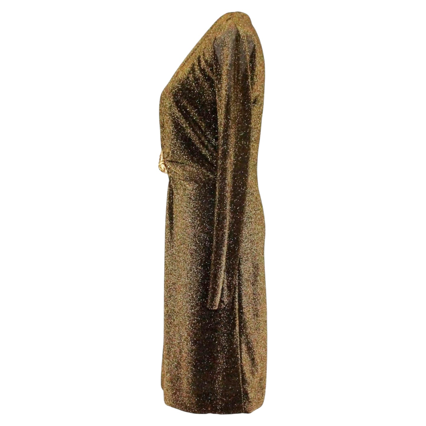 Gucci by Tom Ford F/W 2000 Runway Gold Lurex Plunging Dress w/ Signature Dionysus Tiger Brooch Size 38