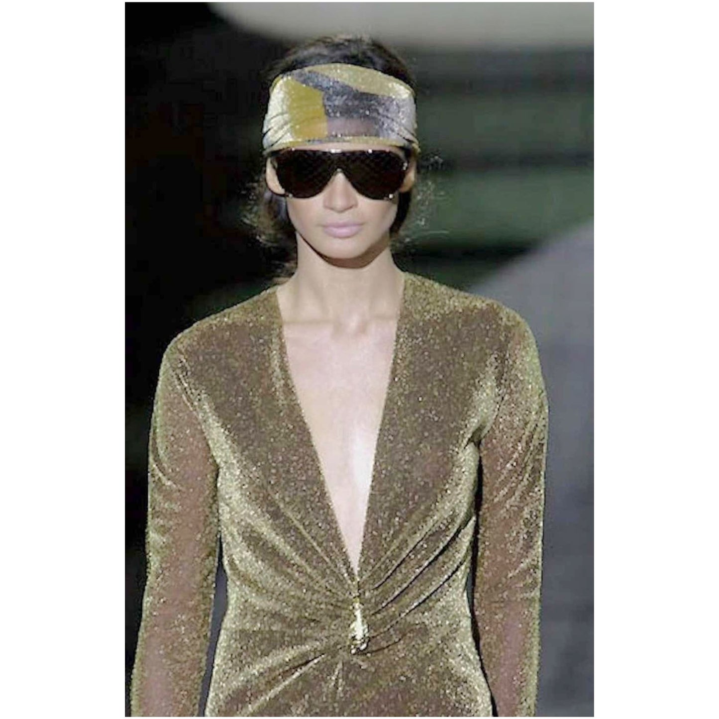 Gucci by Tom Ford F/W 2000 Runway Gold Lurex Plunging Dress w/ Signature Dionysus Tiger Brooch Size 38
