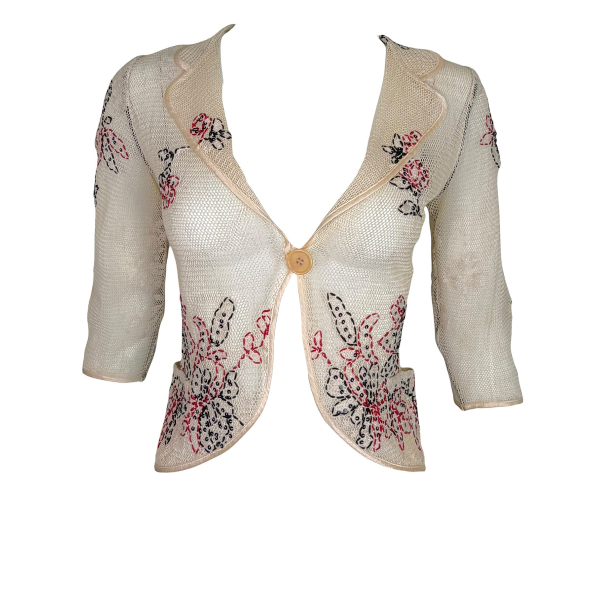 Anna Molinari vintage cream crochet mesh jacket with floral sequin embroidery, front view