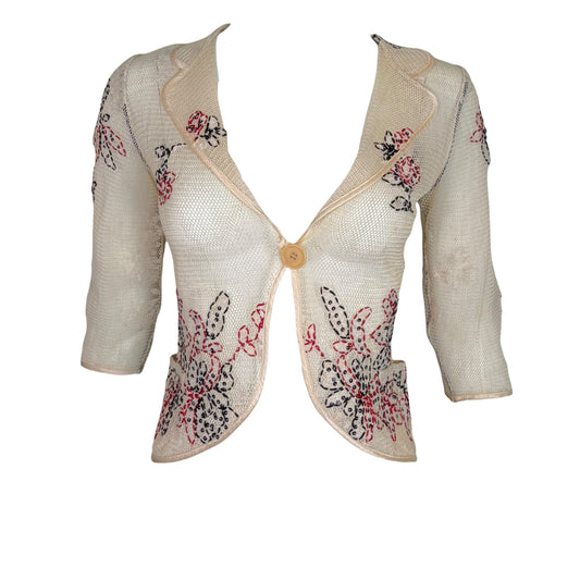 Anna Molinari vintage cream crochet mesh jacket with floral sequin embroidery, front view