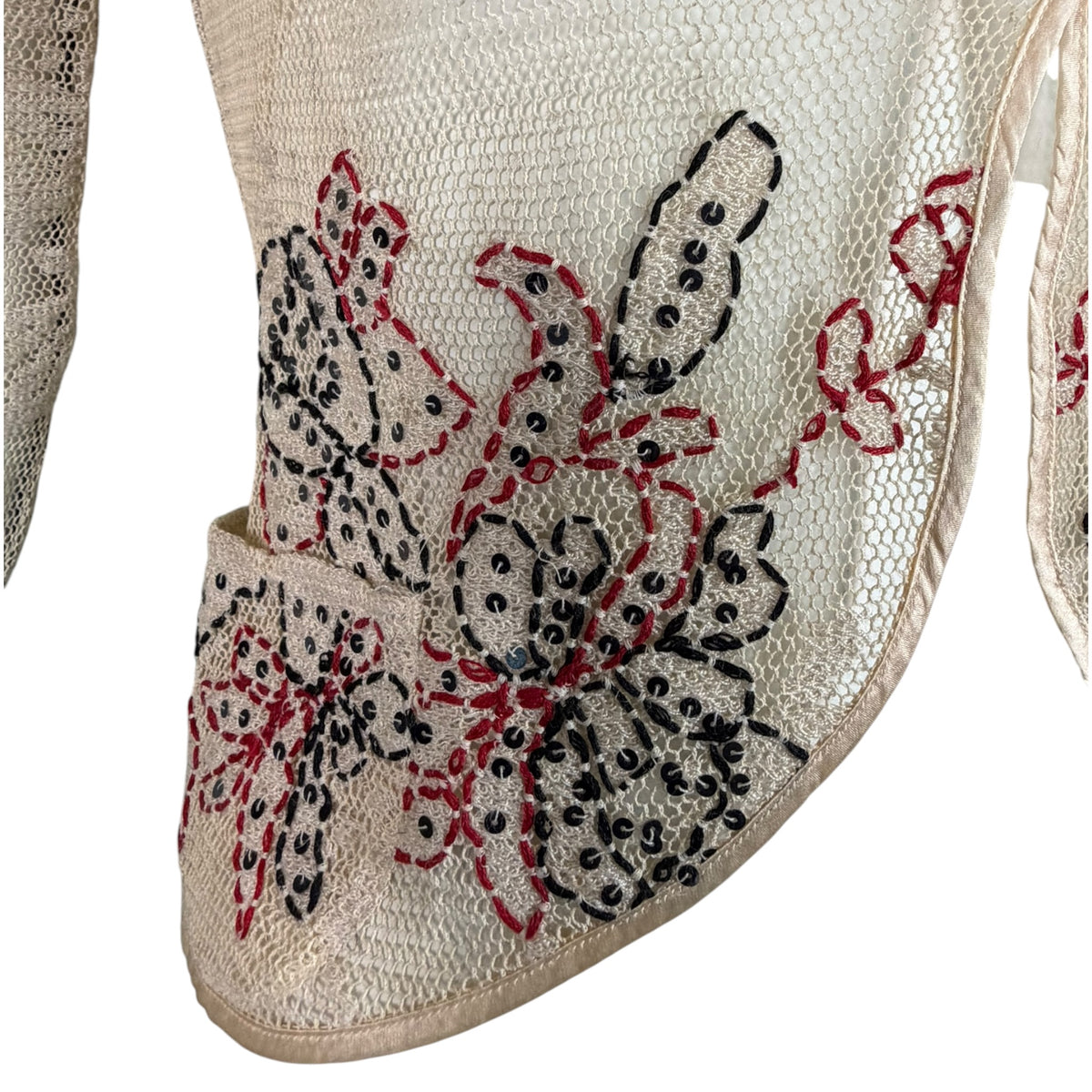 Anna Molinari vintage cream crochet mesh jacket, close-up of embroidered patch pocket and hem