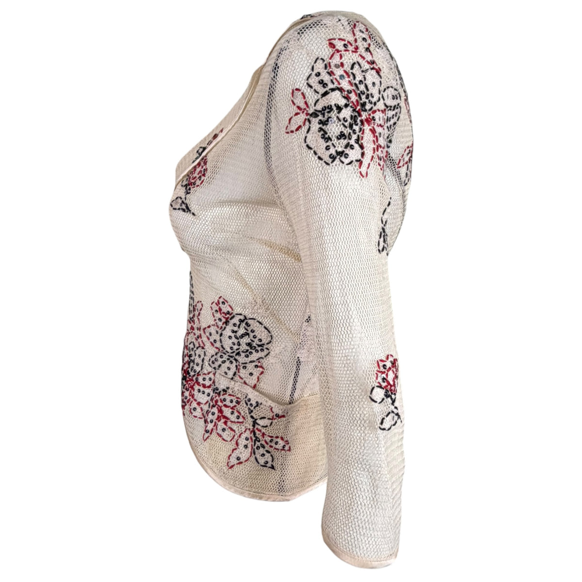 Anna Molinari vintage cream crochet mesh jacket with floral sequin embroidery, opposite side view