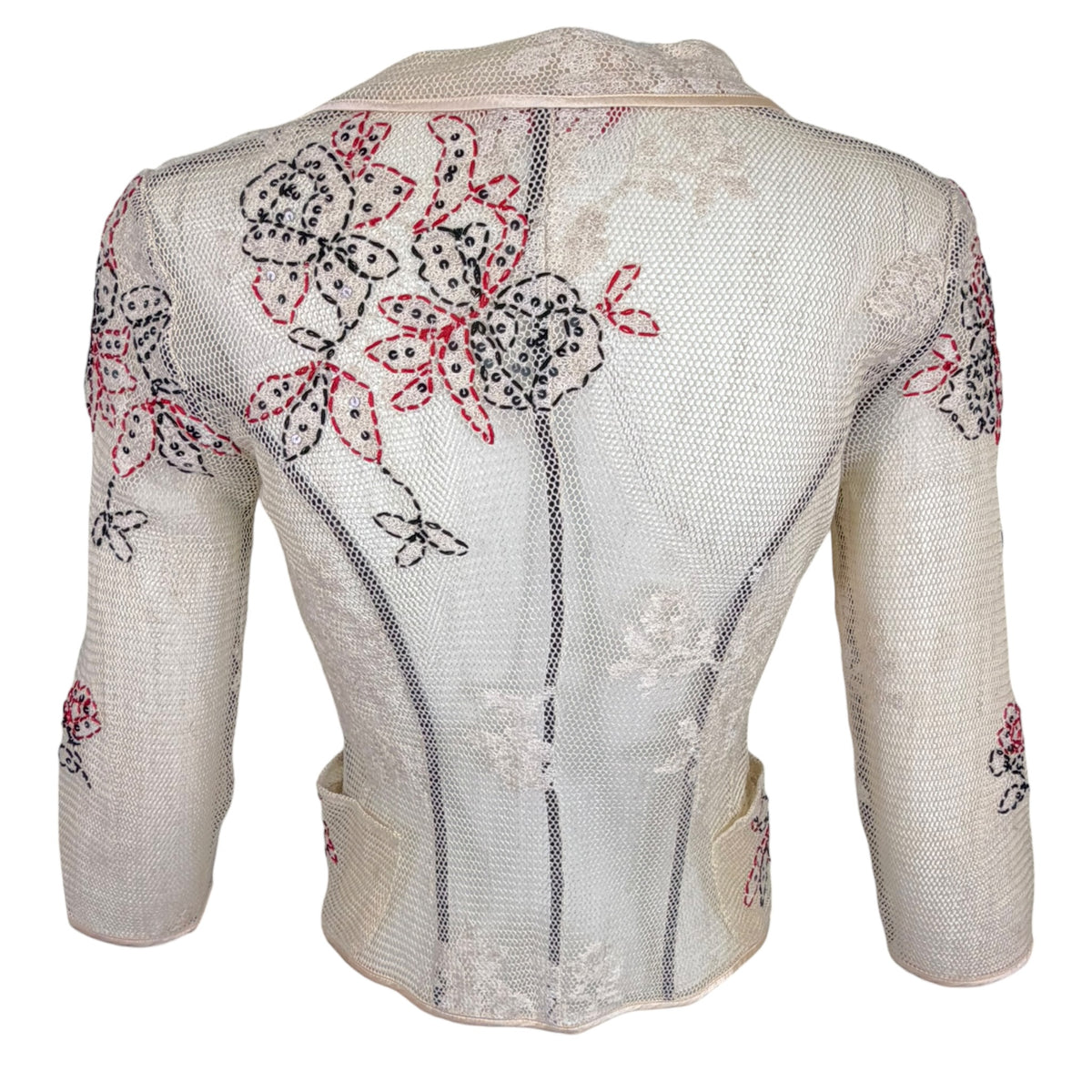 Anna Molinari vintage cream crochet mesh jacket with floral sequin embroidery, back view