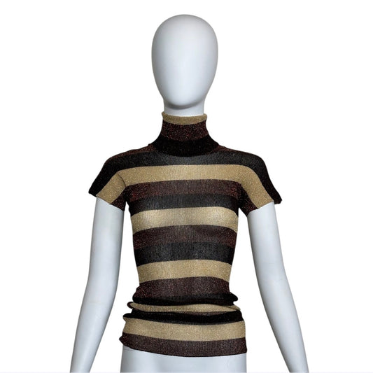 Dolce & Gabbana Vintage Brown Striped Metallic Short Sleeve Turtleneck Knit Top Size S