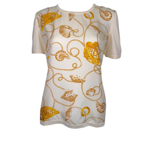 Céline Paris Vintage Ivory Silk Nautical Shell Print Short Sleeve Top Size 42