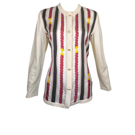 Céline Paris Vintage Ivory Silk Chain Print Cardigan Sweater Size 40