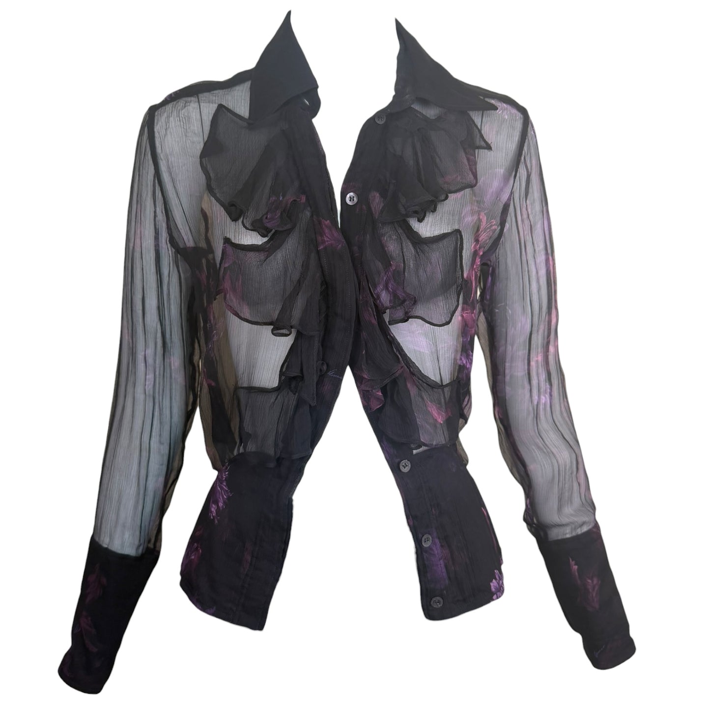 Vintage Gucci by Tom Ford Sheer Black Silk Chiffon Purple Floral Ruffle Blouse Size 38