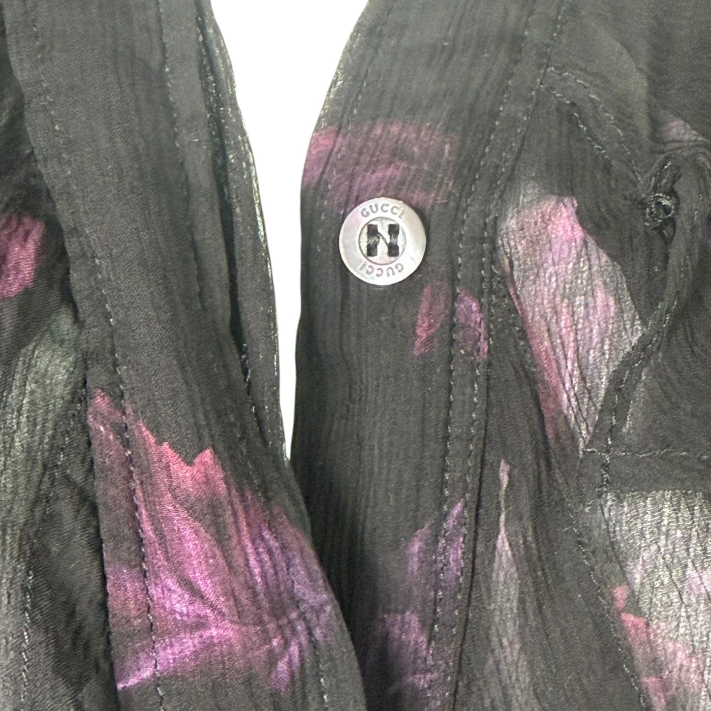 Vintage Gucci by Tom Ford Sheer Black Silk Chiffon Purple Floral Ruffle Blouse Size 38