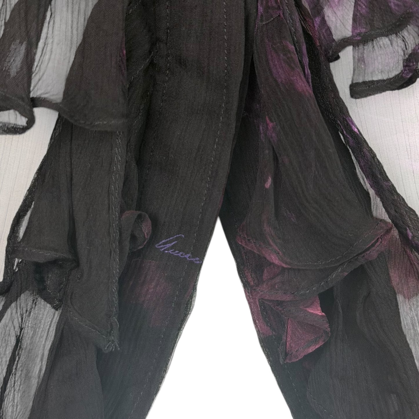 Vintage Gucci by Tom Ford Sheer Black Silk Chiffon Purple Floral Ruffle Blouse Size 38