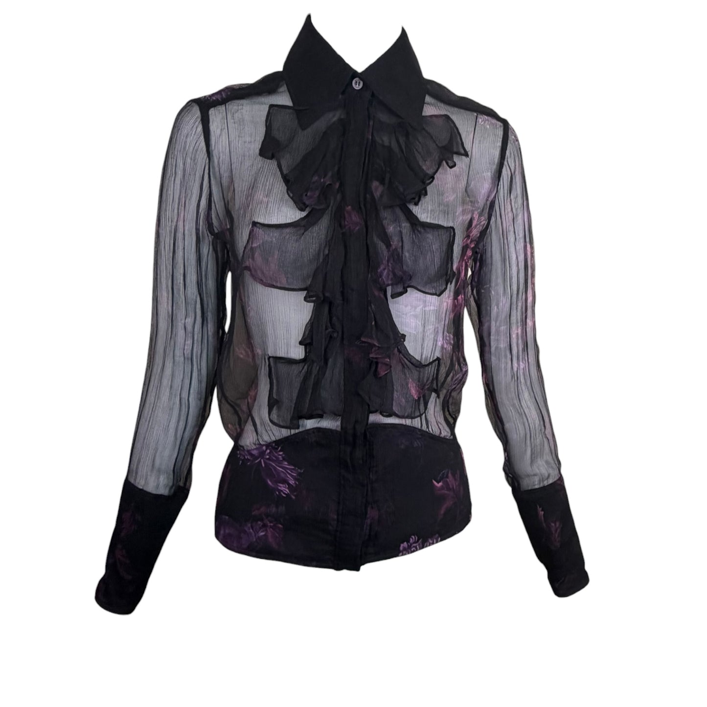 Vintage Gucci by Tom Ford Sheer Black Silk Chiffon Purple Floral Ruffle Blouse Size 38