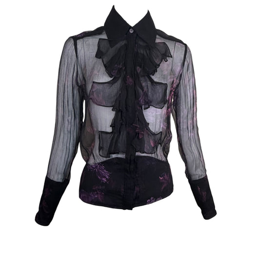 Vintage Gucci by Tom Ford Sheer Black Silk Chiffon Purple Floral Ruffle Blouse Size 38