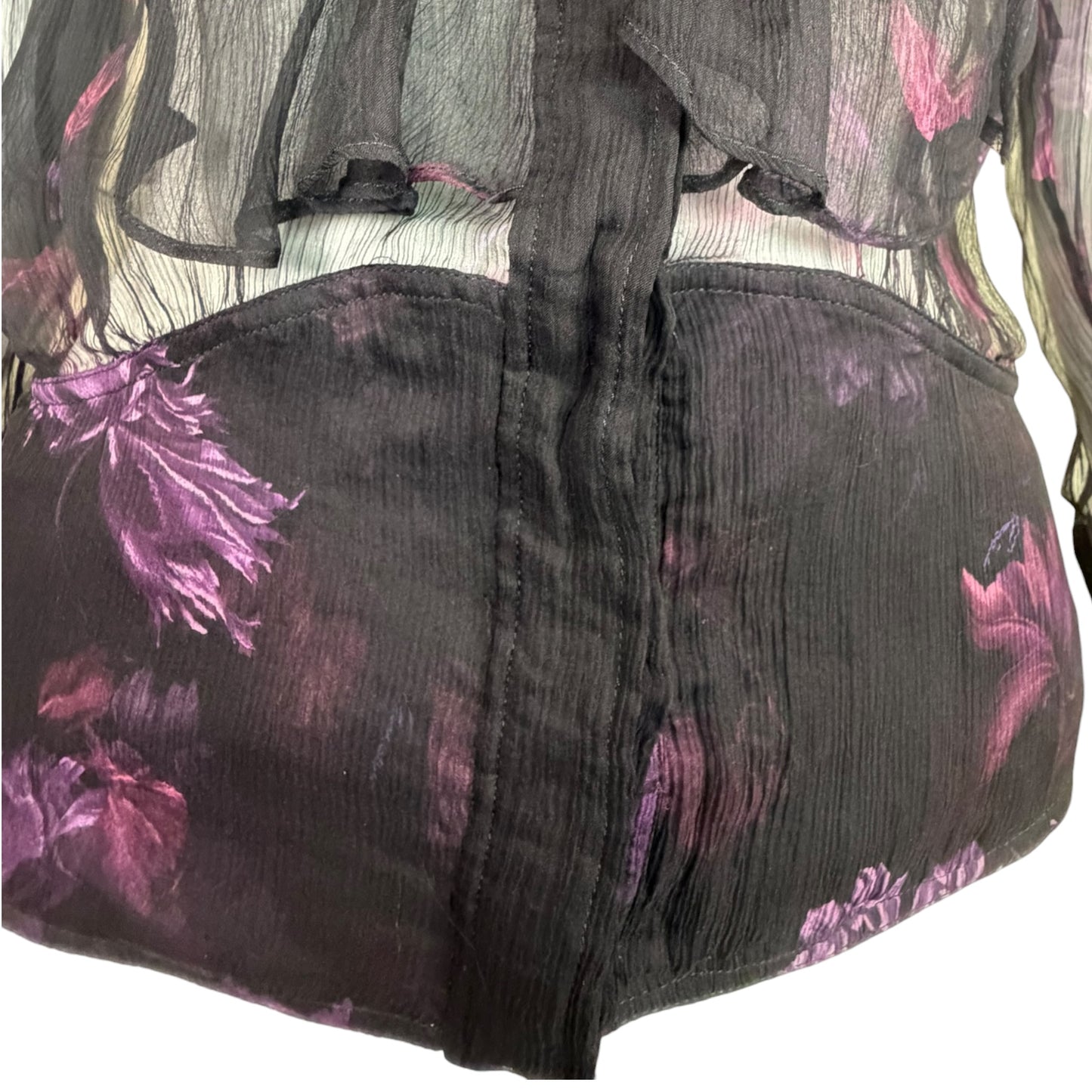 Vintage Gucci by Tom Ford Sheer Black Silk Chiffon Purple Floral Ruffle Blouse Size 38