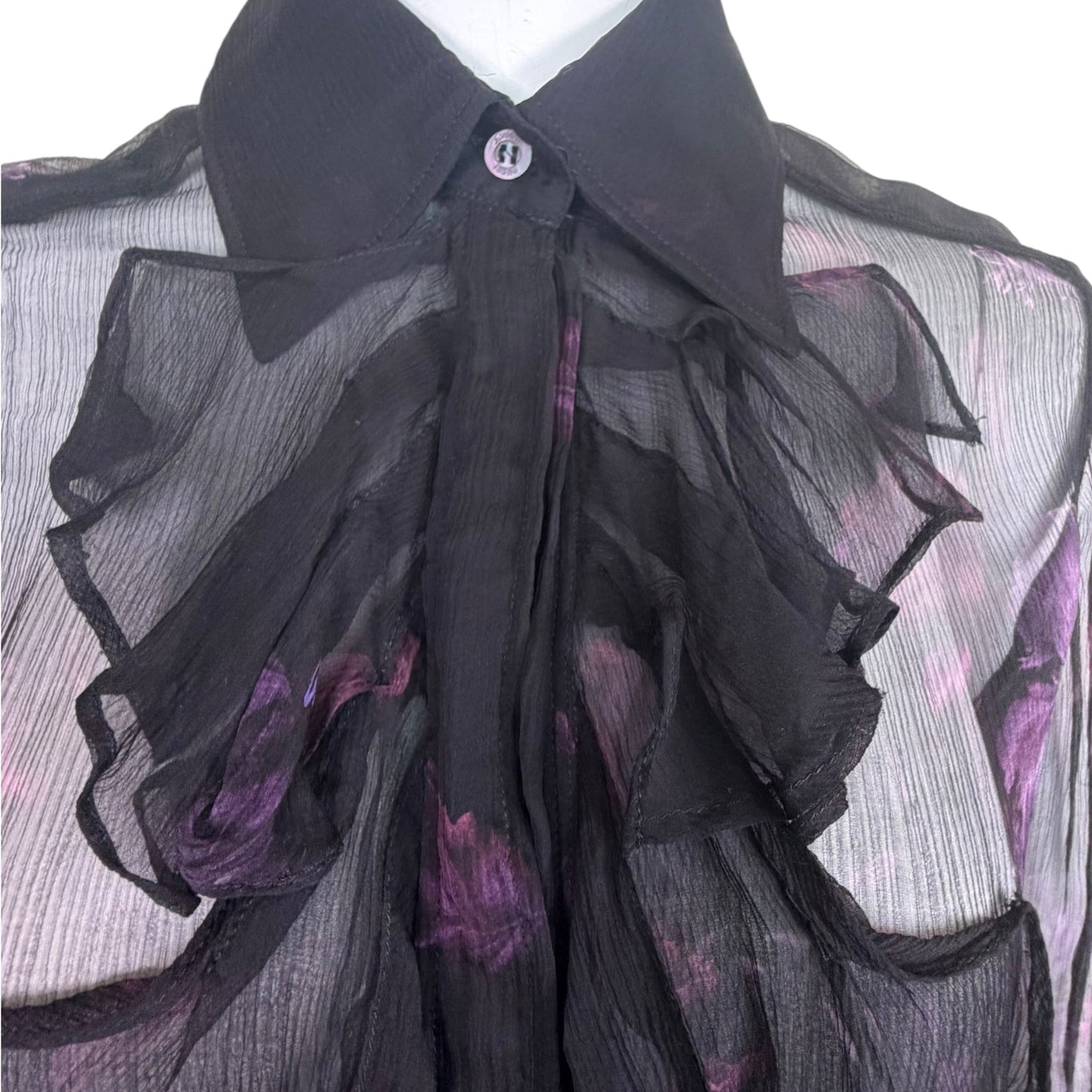 Vintage Gucci by Tom Ford Sheer Black Silk Chiffon Purple Floral Ruffle Blouse Size 38