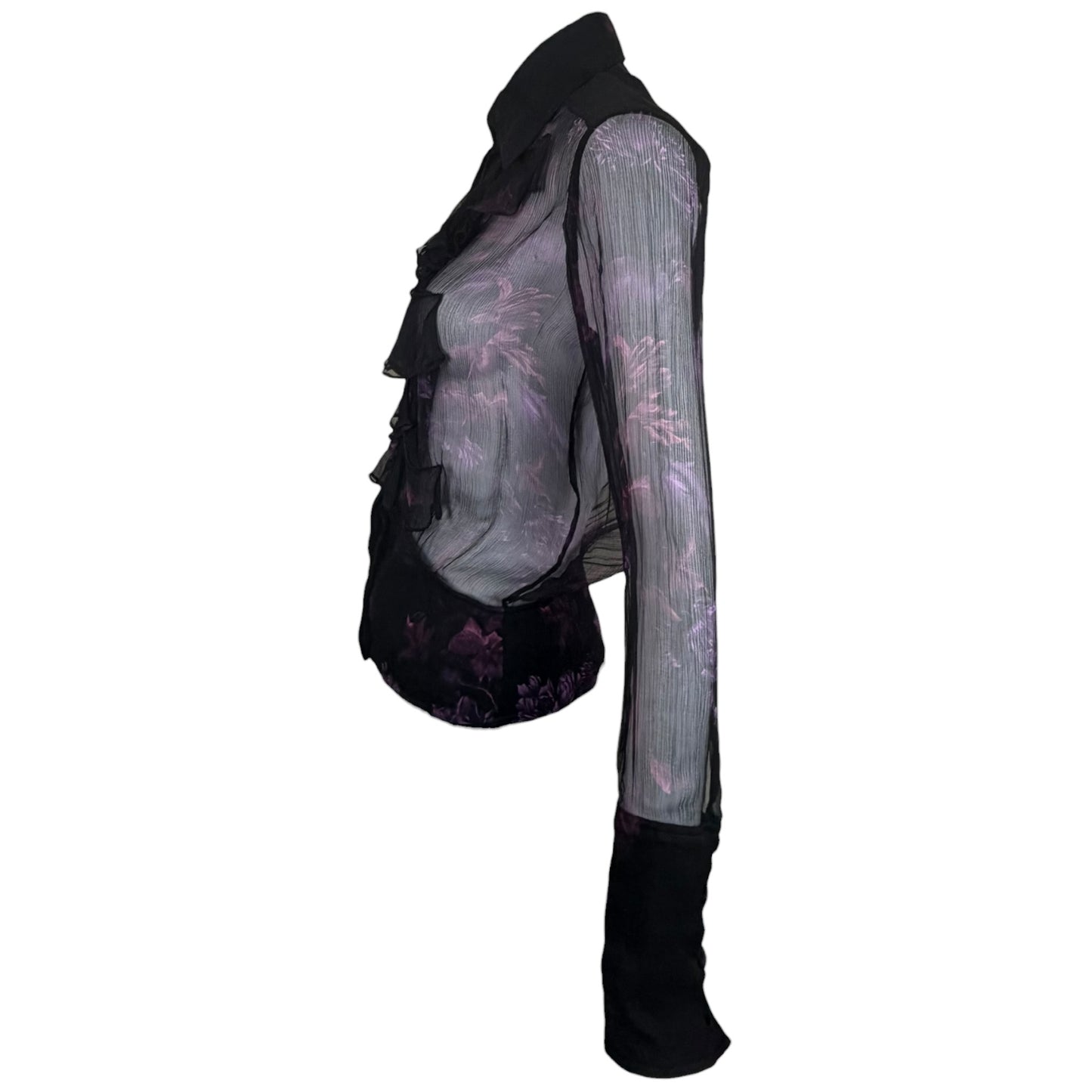 Vintage Gucci by Tom Ford Sheer Black Silk Chiffon Purple Floral Ruffle Blouse Size 38
